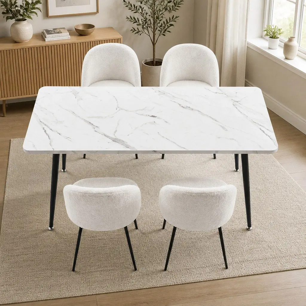 5-Piece White Marble Effect Dining Set with Chairs