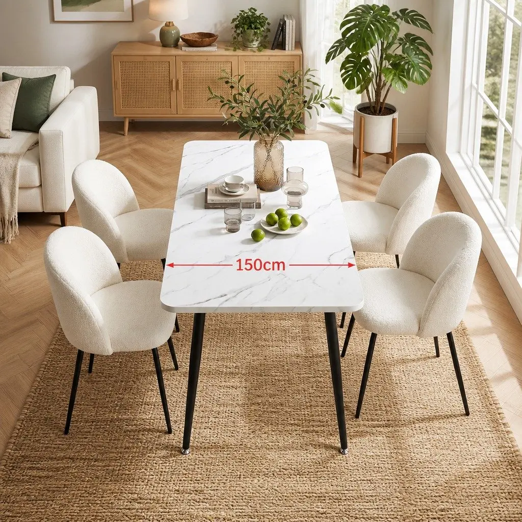 5-Piece White Marble Effect Dining Set with Chairs