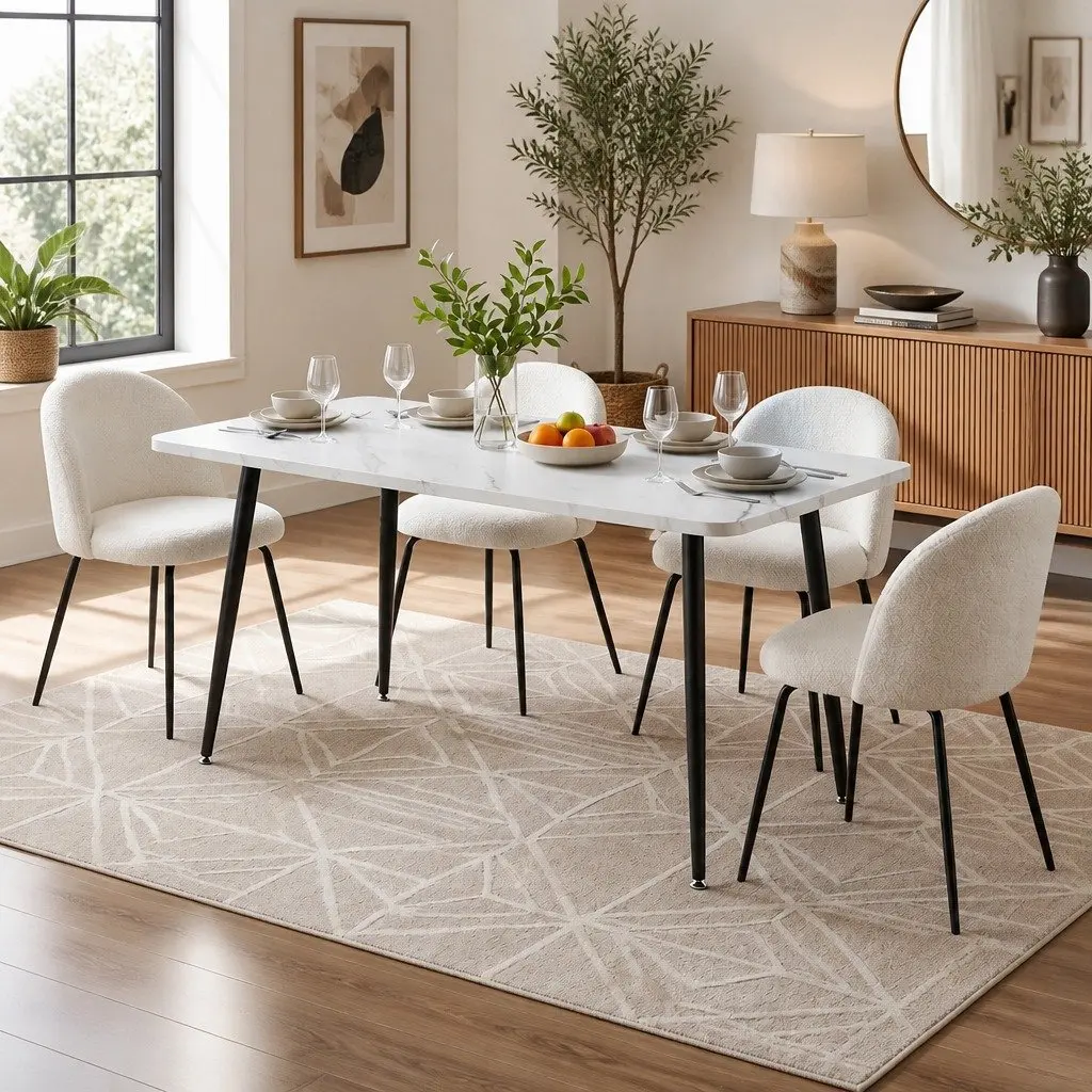 5-Piece White Marble Effect Dining Set with Chairs