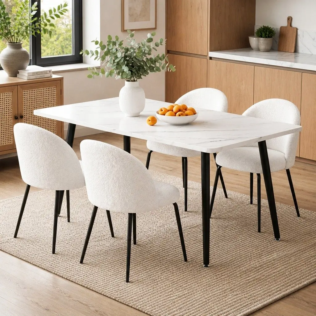 5-Piece White Marble Effect Dining Set with Chairs