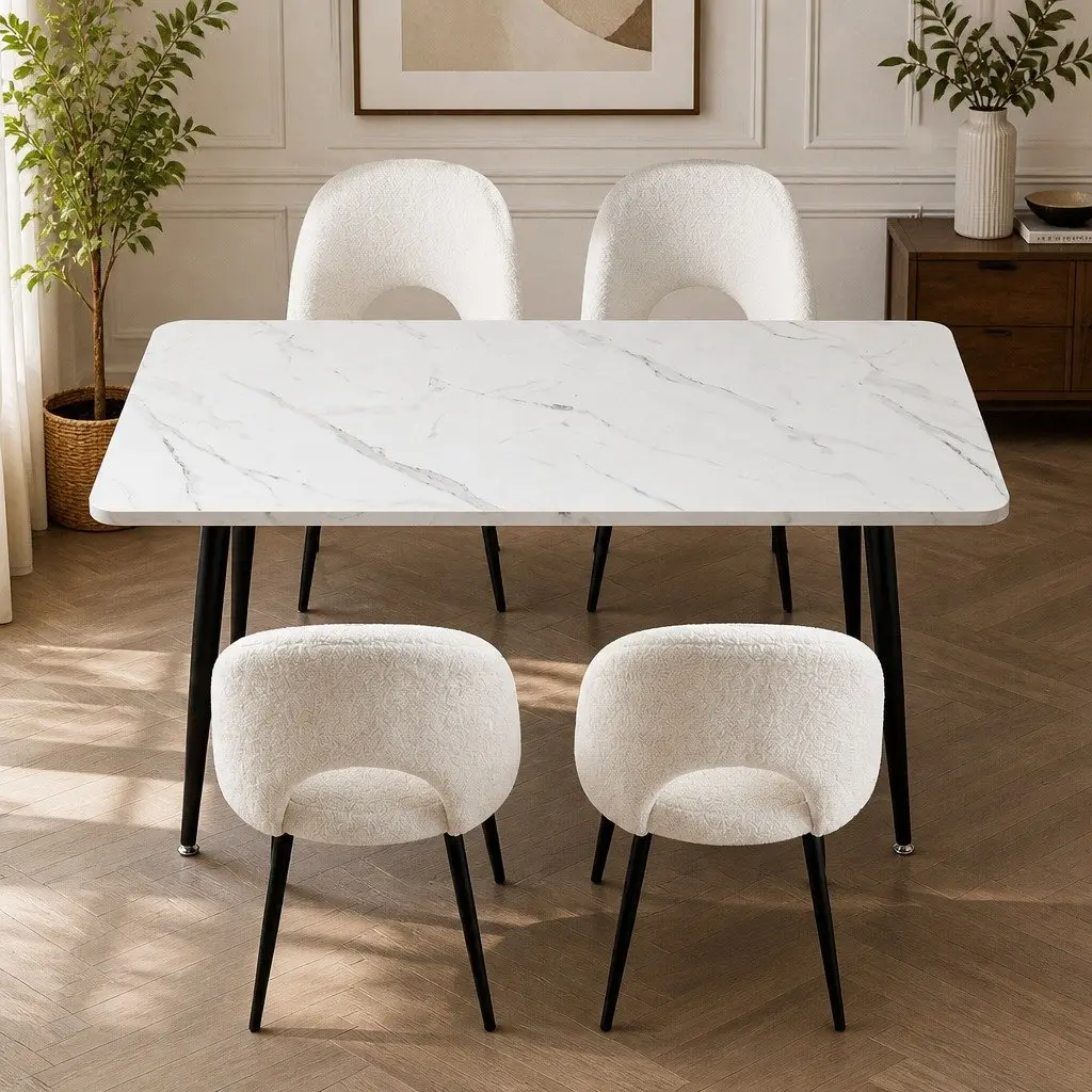 Dining Set Marble Effect White Grey 5 Piece Kitchen Furniture MDF Steel