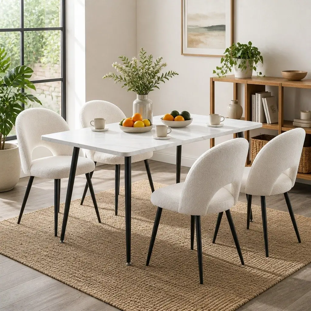 Dining Set Marble Effect White Grey 5 Piece Kitchen Furniture MDF Steel