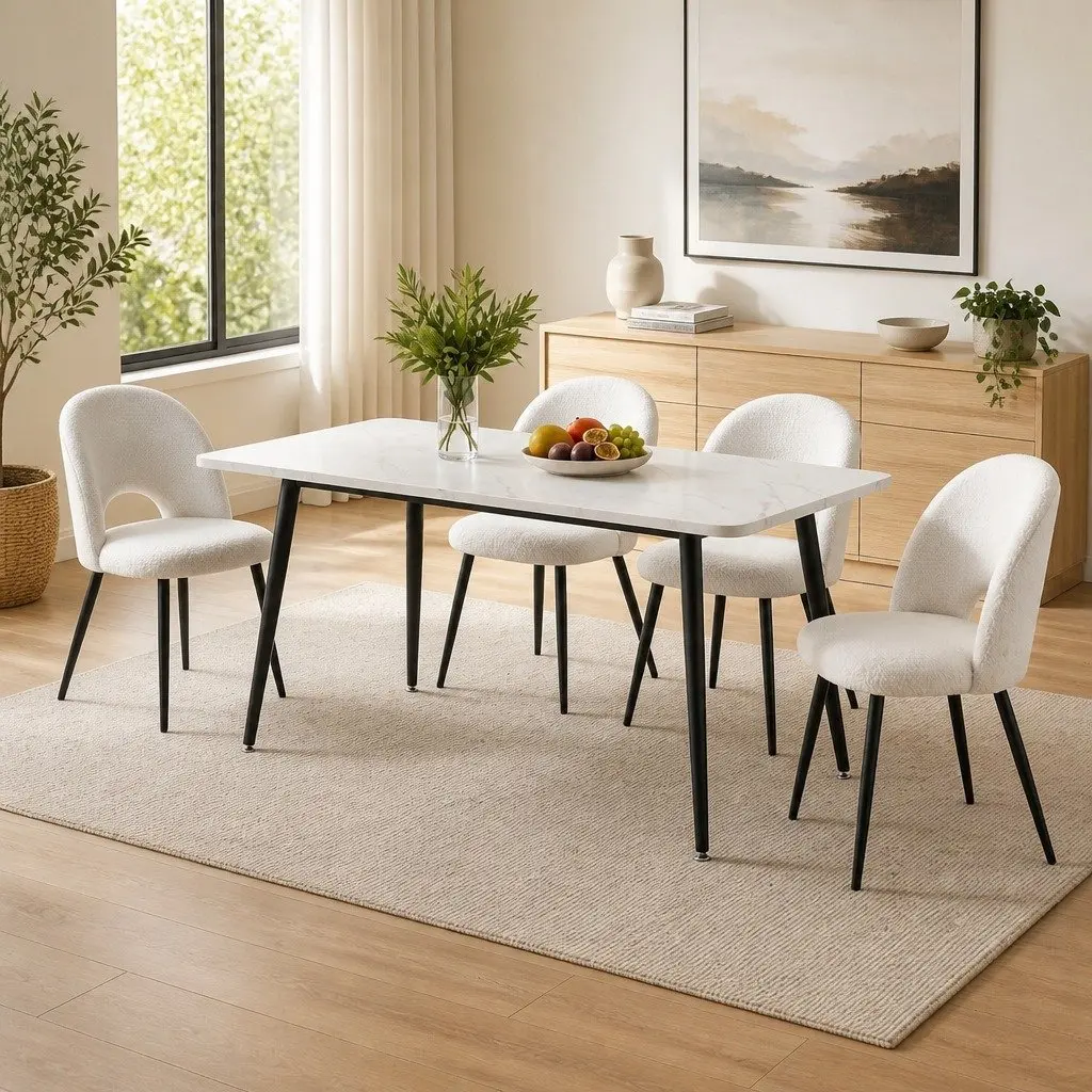 Dining Set Marble Effect White Grey 5 Piece Kitchen Furniture MDF Steel