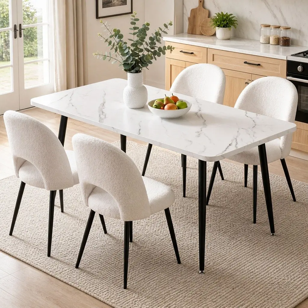 Dining Set Marble Effect White Grey 5 Piece Kitchen Furniture MDF Steel