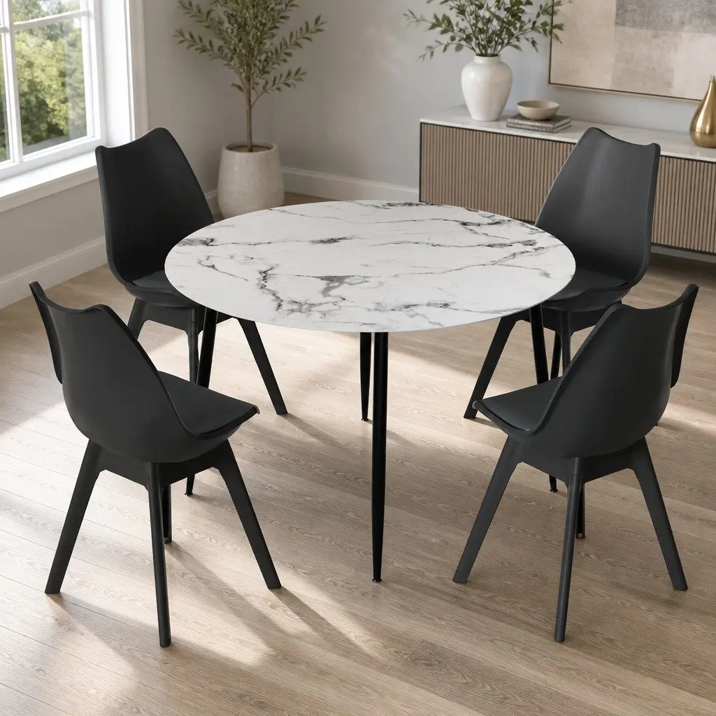 Round Marble Dining Table and 4 Chairs Set