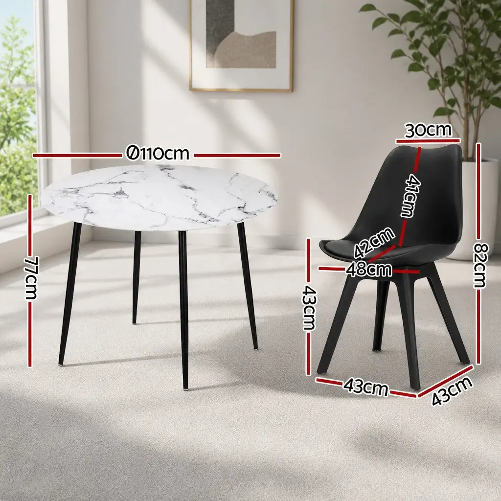 Dining Set Round Marble Industrial Style 110cm Particle Board Metal 4 Chairs PU Leather