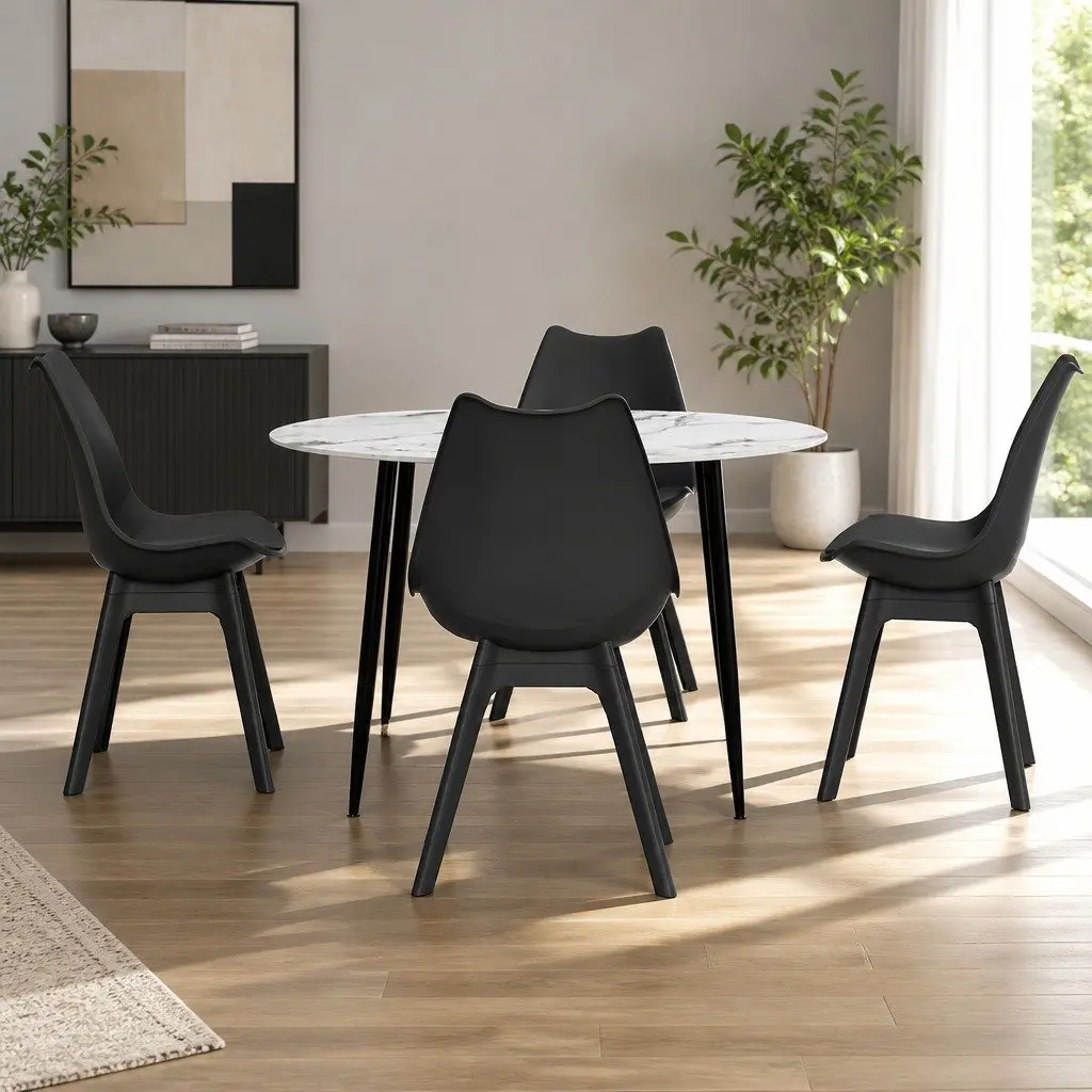 Dining Set Round Marble Industrial Style 110cm Particle Board Metal 4 Chairs PU Leather