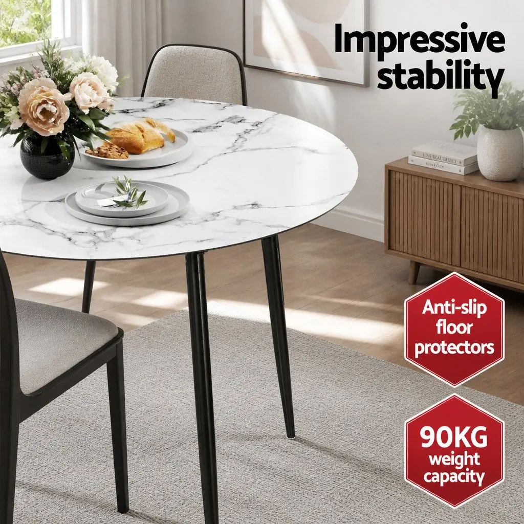 Dining Set Round Marble Industrial Style 110cm Particle Board Metal 4 Chairs PU Leather