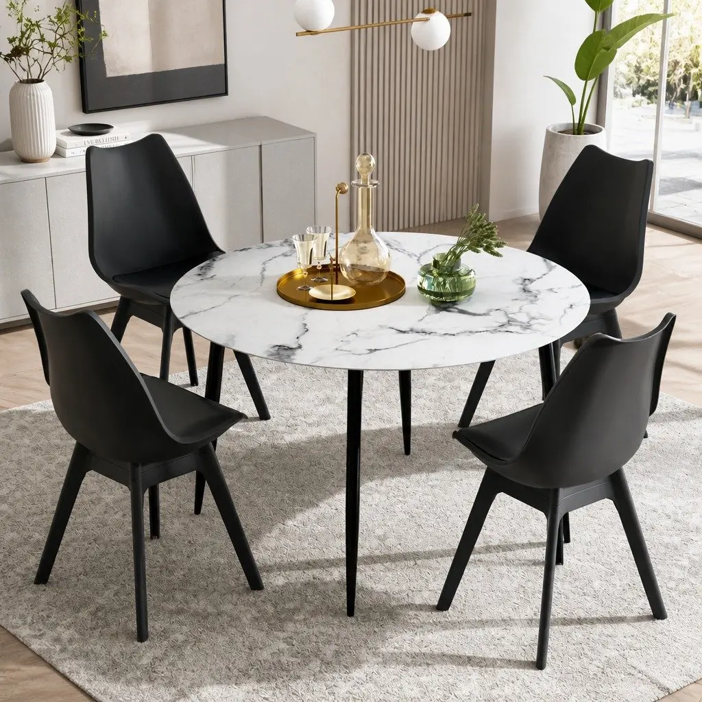 Dining Set Round Marble Industrial Style 110cm Particle Board Metal 4 Chairs PU Leather
