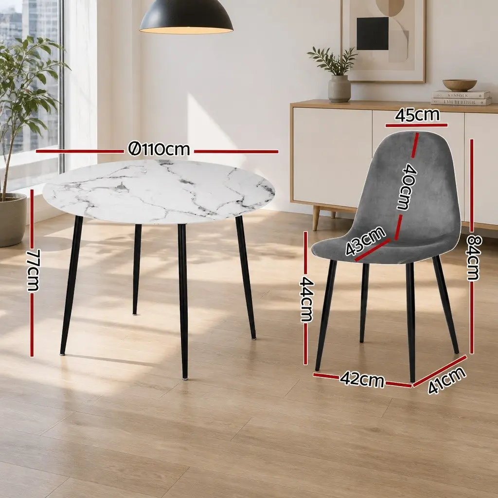Round Marble Grey Dining Table with 4 Chairs Set