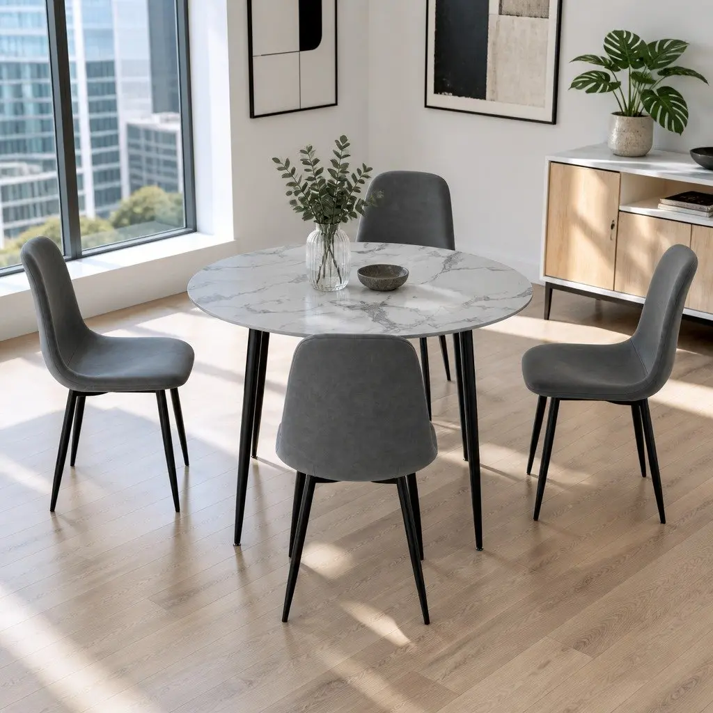 Round Marble Grey Dining Table with 4 Chairs Set