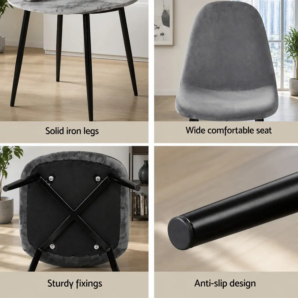 Round Marble Grey Dining Table with 4 Chairs Set
