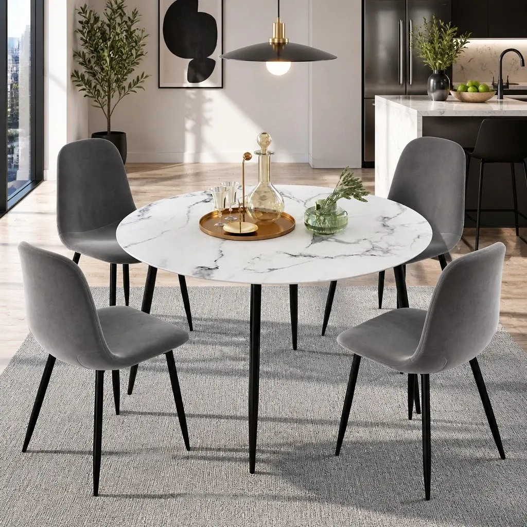 Round Marble Grey Dining Table with 4 Chairs Set