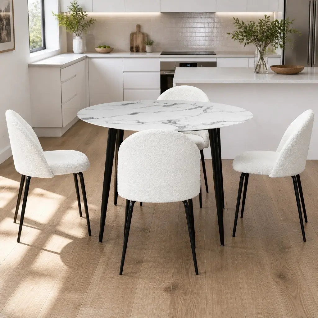 Dining Set Round Marble White Modern 4 Piece Kitchen Furniture