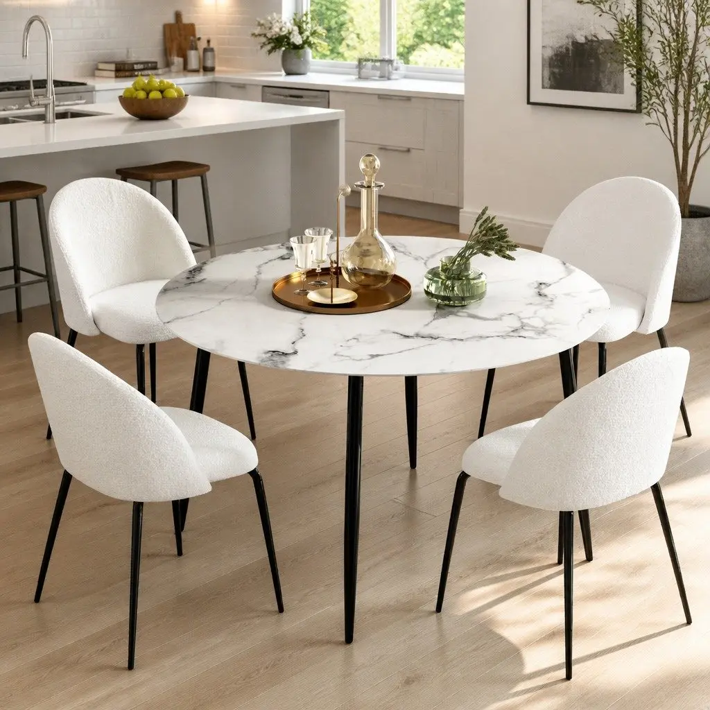 Dining Set Round Marble White Modern 4 Piece Kitchen Furniture