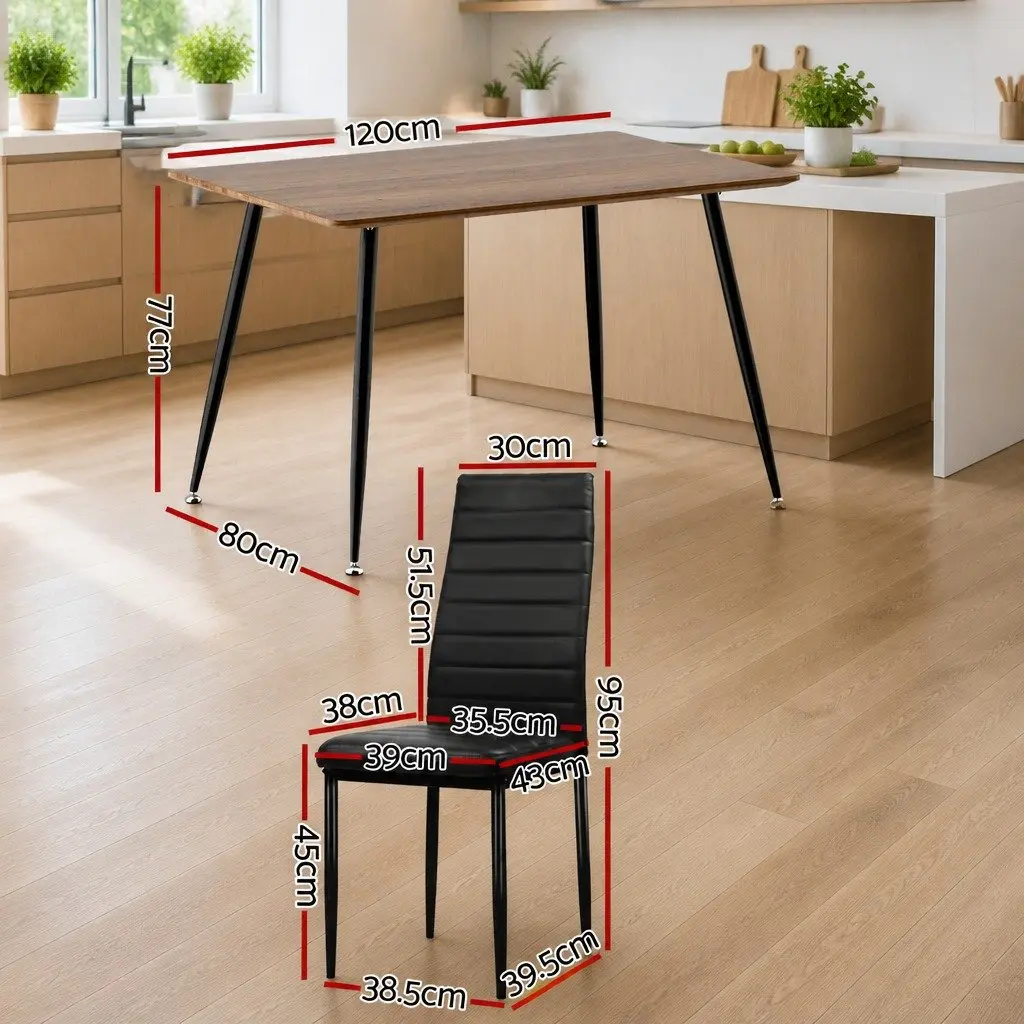 Dining Set Industrial Style Rectangle Wood Grain Table with Metal Legs and 4 Cushioned Chairs