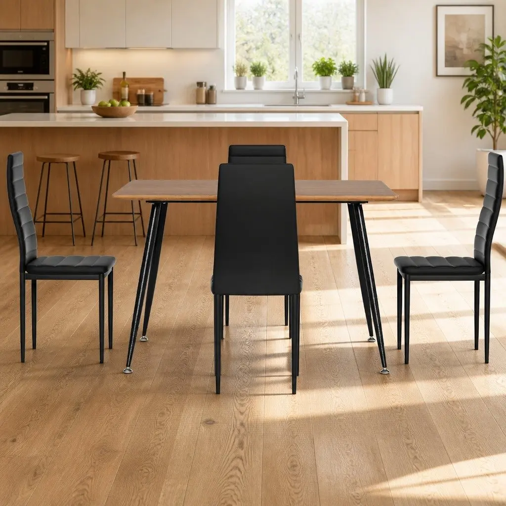 Dining Set Industrial Style Rectangle Wood Grain Table with Metal Legs and 4 Cushioned Chairs