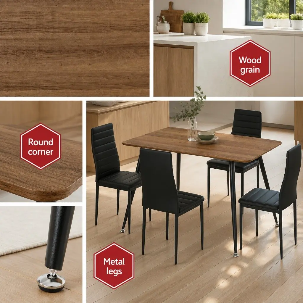 Dining Set Industrial Style Rectangle Wood Grain Table with Metal Legs and 4 Cushioned Chairs