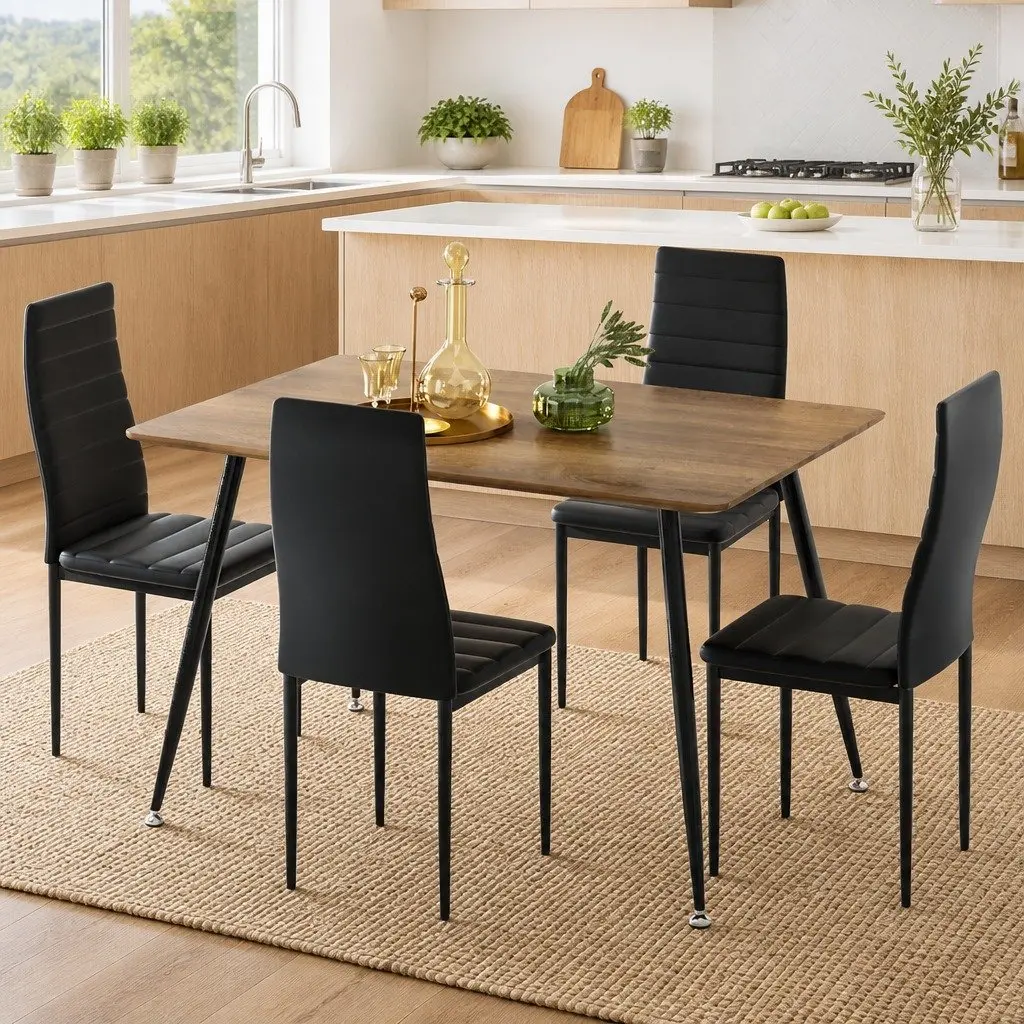 Dining Set Industrial Style Rectangle Wood Grain Table with Metal Legs and 4 Cushioned Chairs