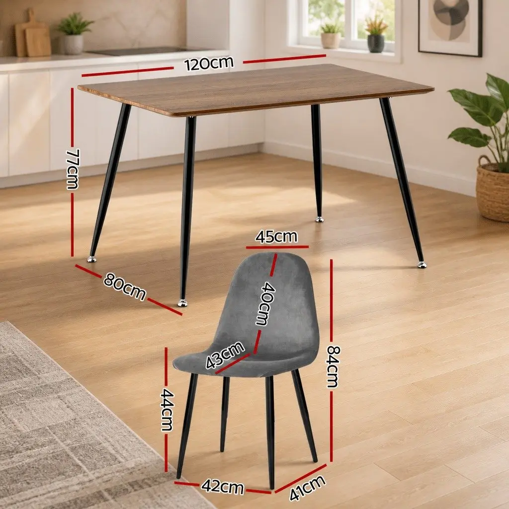 Dining Set MDF Tabletop Metal Legs Industrial Style Grey Oak with 4 Chairs Upholstered Dark Grey Velvet Seats