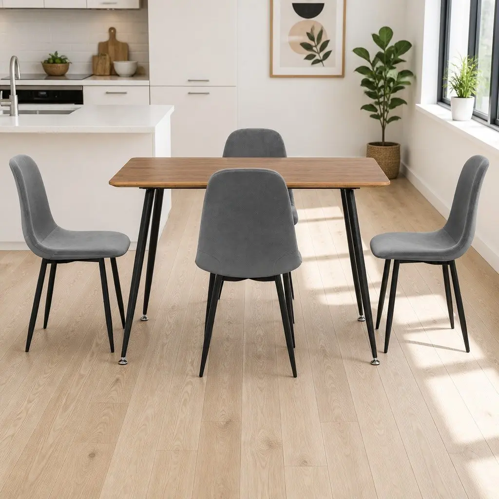 Dining Set MDF Tabletop Metal Legs Industrial Style Grey Oak with 4 Chairs Upholstered Dark Grey Velvet Seats