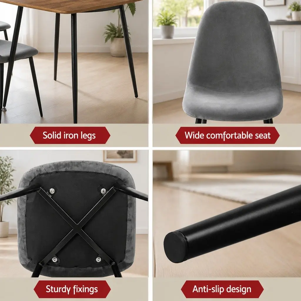 Dining Set MDF Tabletop Metal Legs Industrial Style Grey Oak with 4 Chairs Upholstered Dark Grey Velvet Seats
