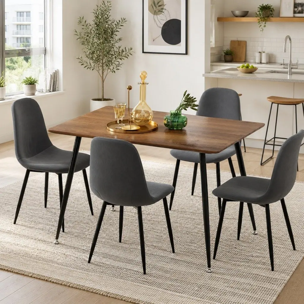 Dining Set MDF Tabletop Metal Legs Industrial Style Grey Oak with 4 Chairs Upholstered Dark Grey Velvet Seats