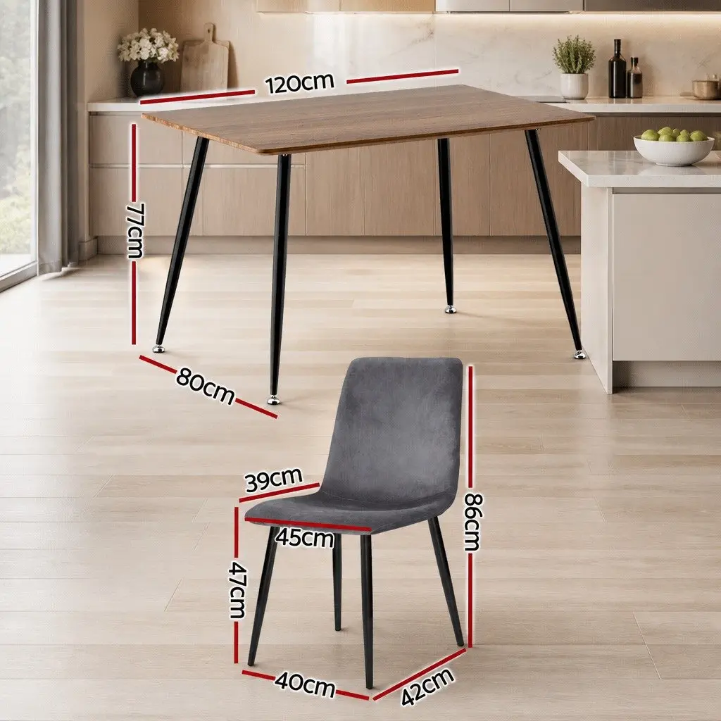 Dining Set Industrial Style Grey Velvet Chairs 4 Piece Wood Grain Table