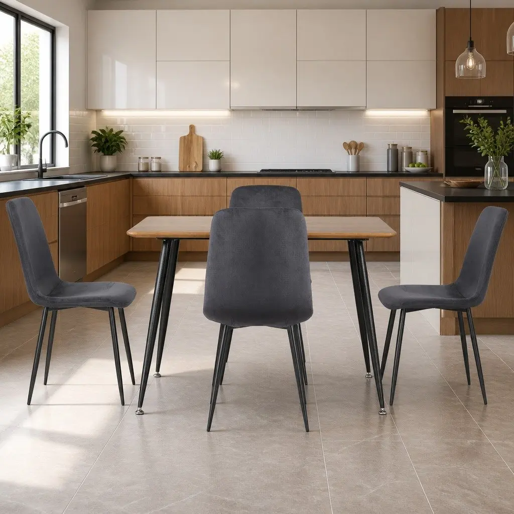 Dining Set Industrial Style Grey Velvet Chairs 4 Piece Wood Grain Table