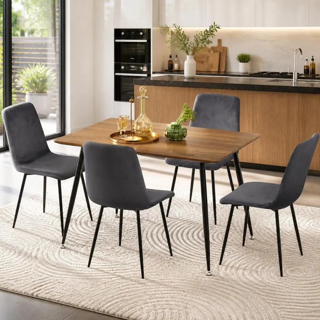 Dining Set Industrial Style Grey Velvet Chairs 4 Piece Wood Grain Table