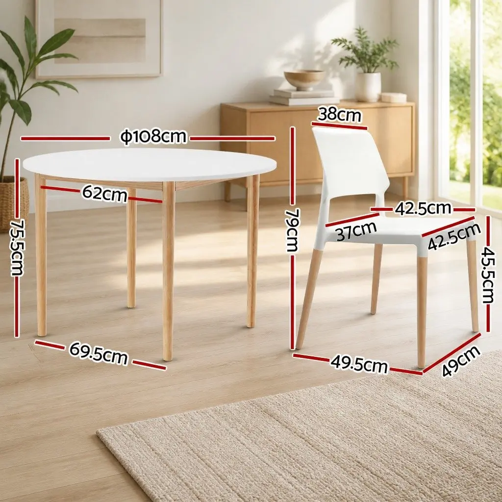 Dining Set White Round Table and 4 Chairs MDF and Beech Wood