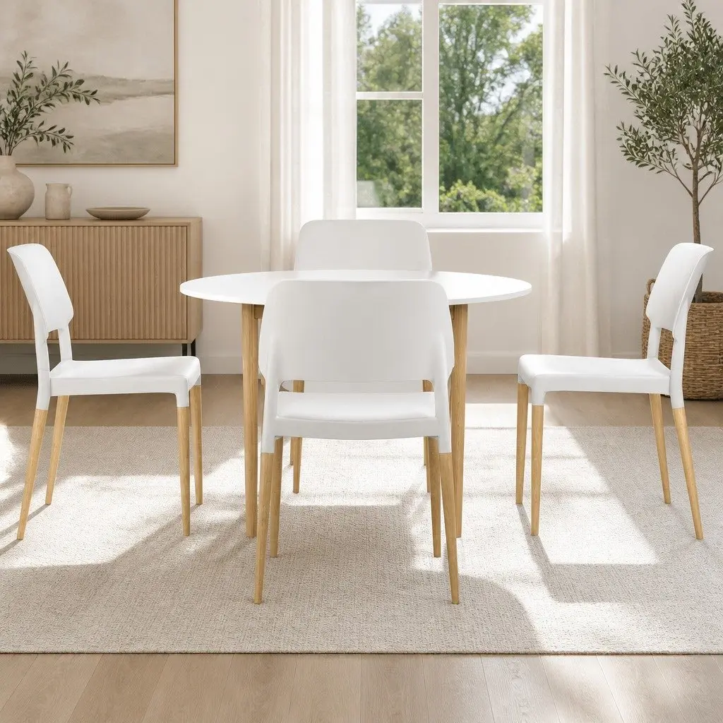 Dining Set White Round Table and 4 Chairs MDF and Beech Wood
