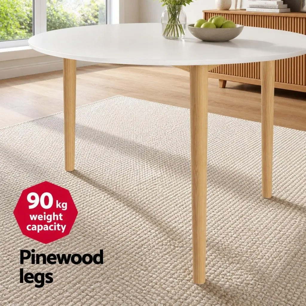 Dining Set White Round Table and 4 Chairs MDF and Beech Wood