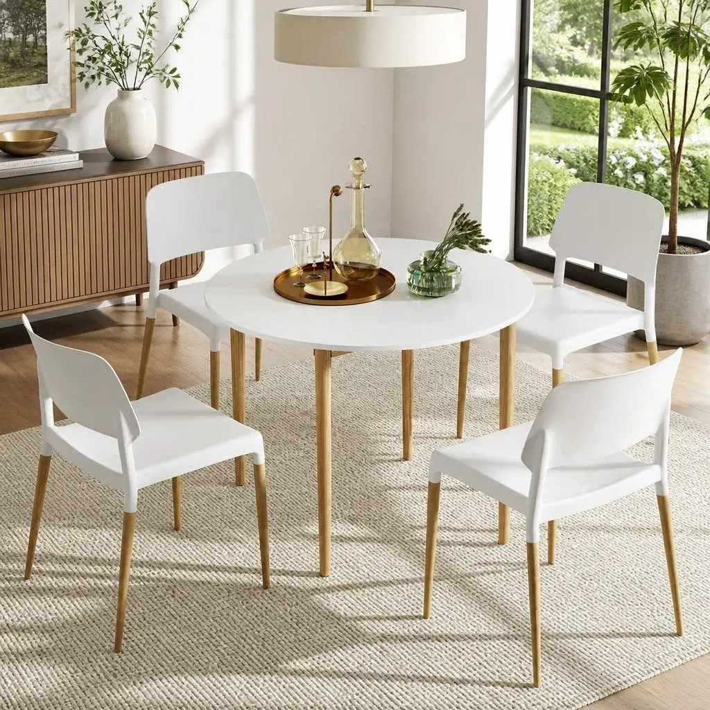 Dining Set White Round Table and 4 Chairs MDF and Beech Wood