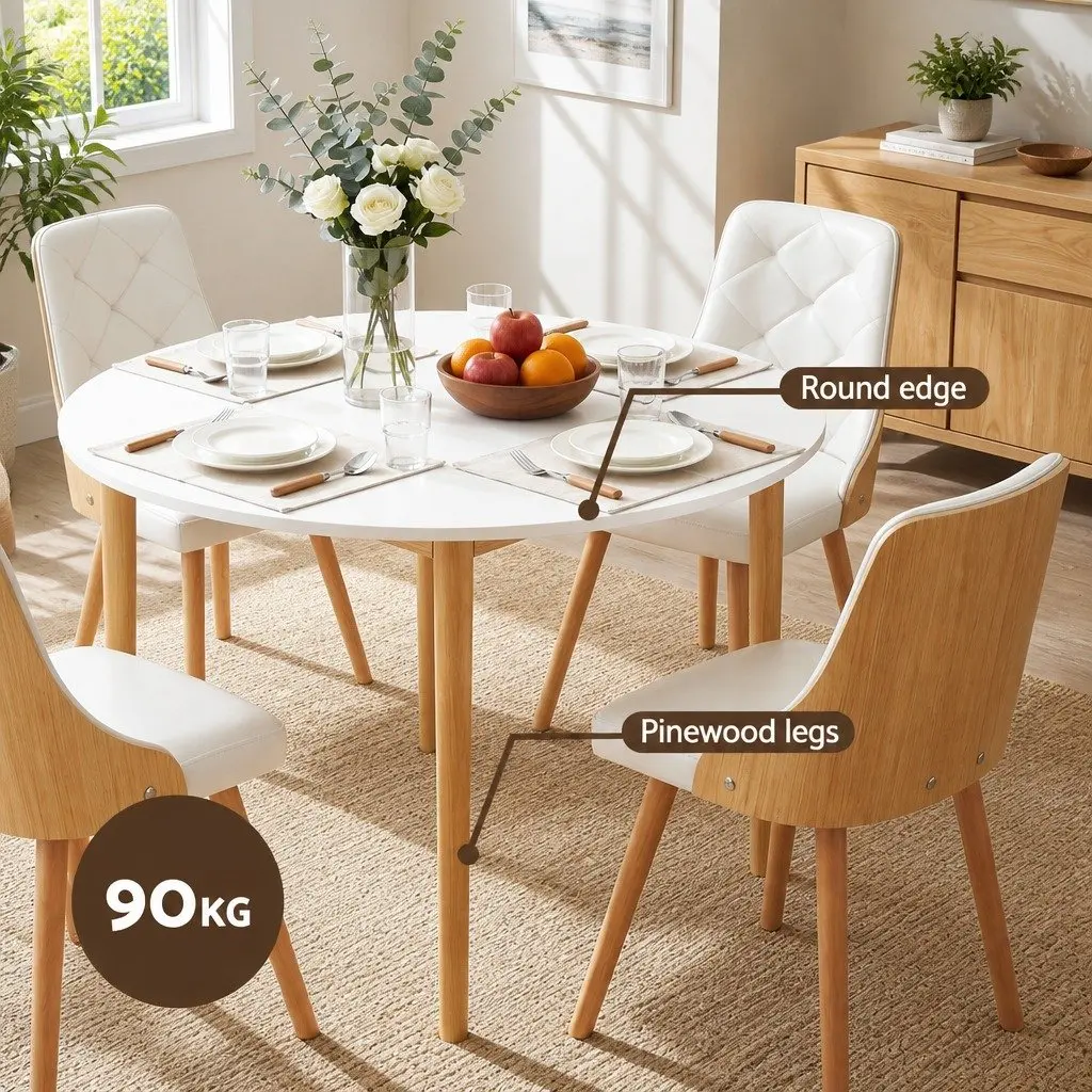 5-Piece Round Dining Table Set for 4 in White