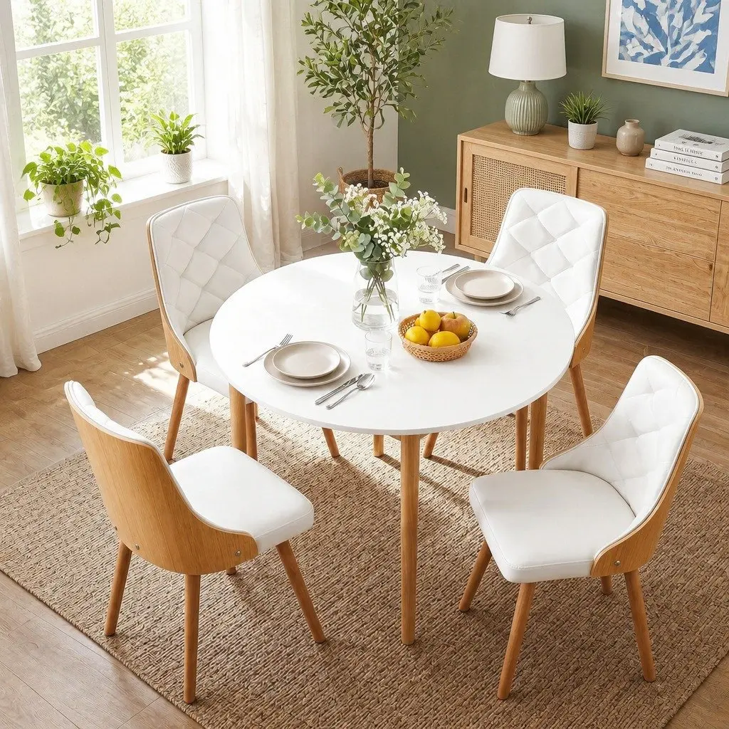 5-Piece Round Dining Table Set for 4 in White