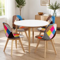 Mid-Century Round Dining Table with 4 Fabric Chairs