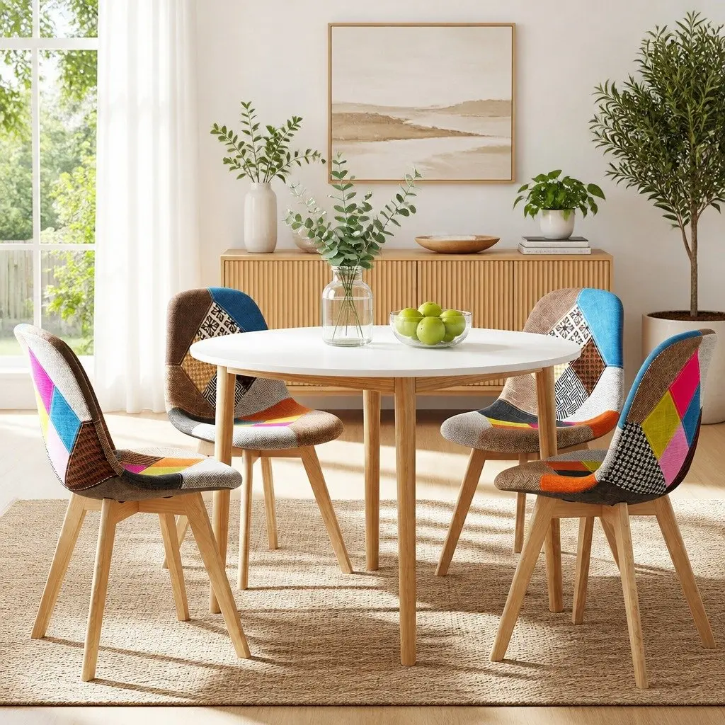 Round Dining Table and 4 Fabric Eiffel Chairs Set White 108cm Mid-Century Design