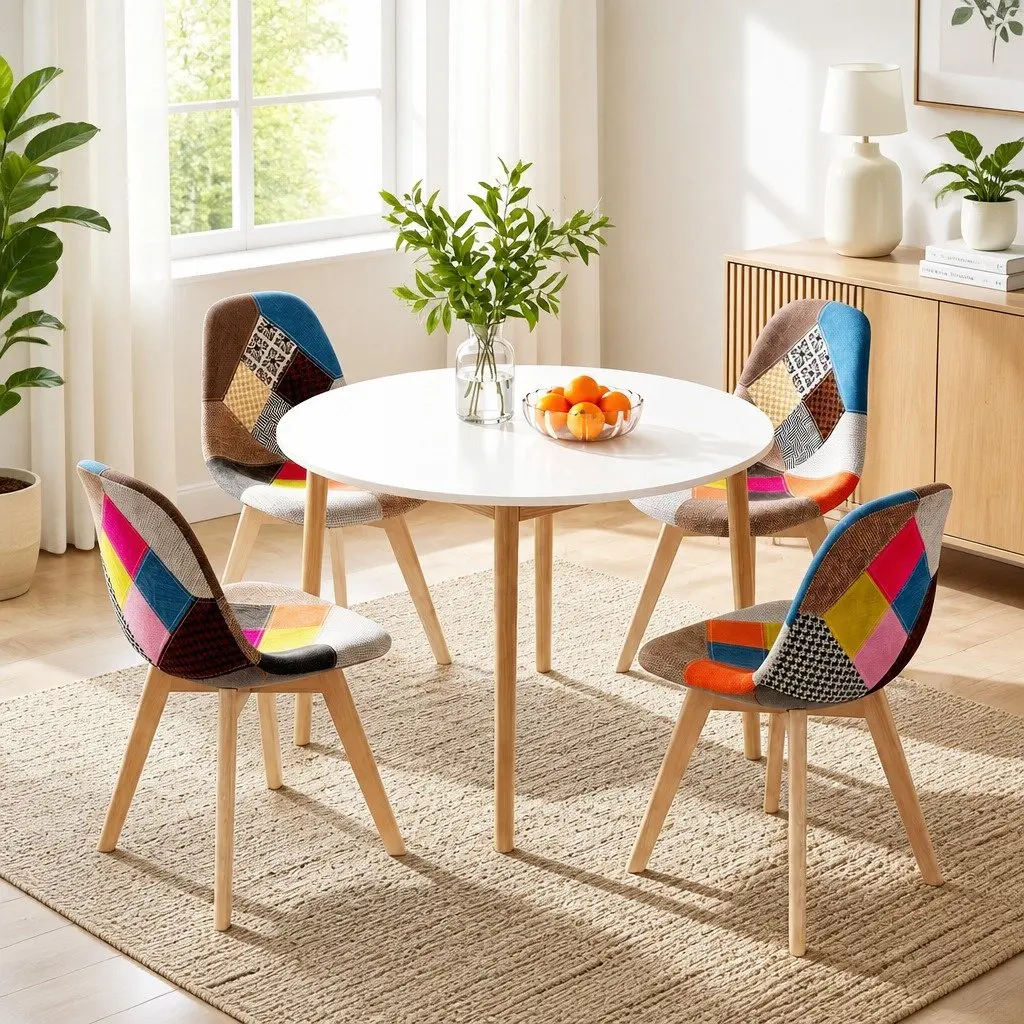 Round Dining Table and 4 Fabric Eiffel Chairs Set White 108cm Mid-Century Design
