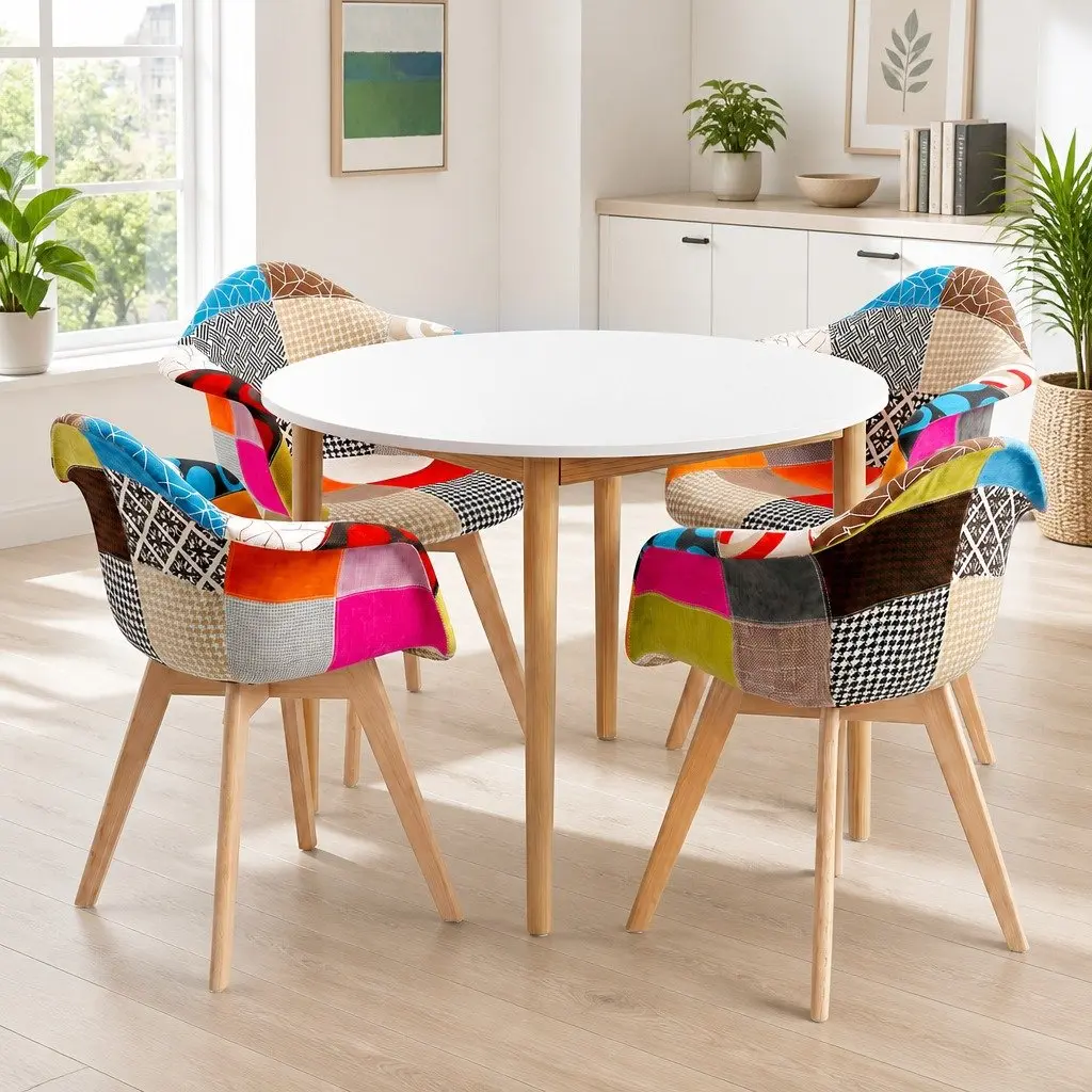 Dining Set Round White MDF Table Pine Legs 4 Mid Century Chairs Linen Upholstered