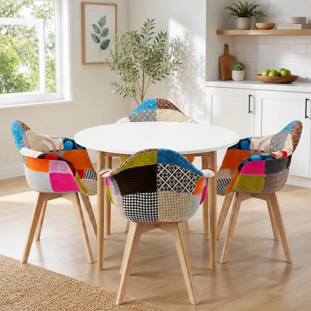 Dining Set Round White MDF Table Pine Legs 4 Mid Century Chairs Linen Upholstered