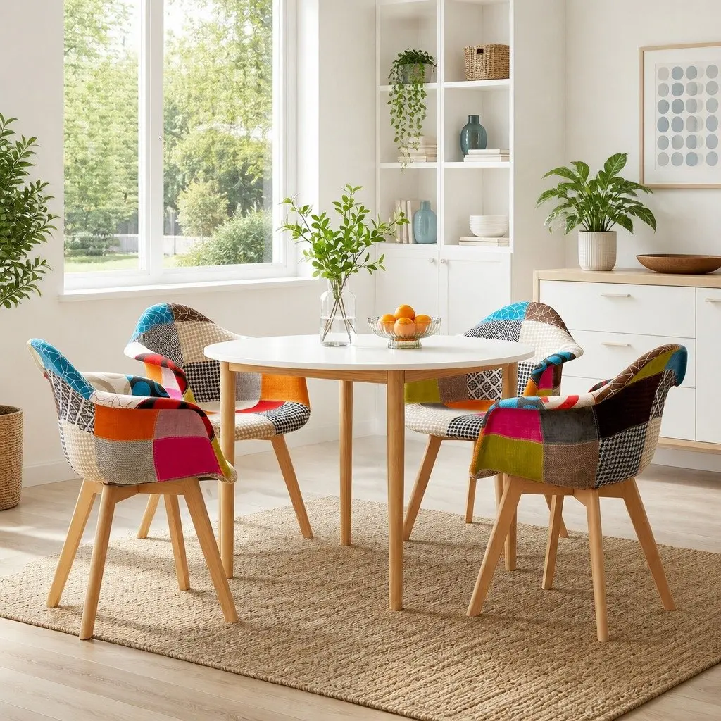 Dining Set Round White MDF Table Pine Legs 4 Mid Century Chairs Linen Upholstered