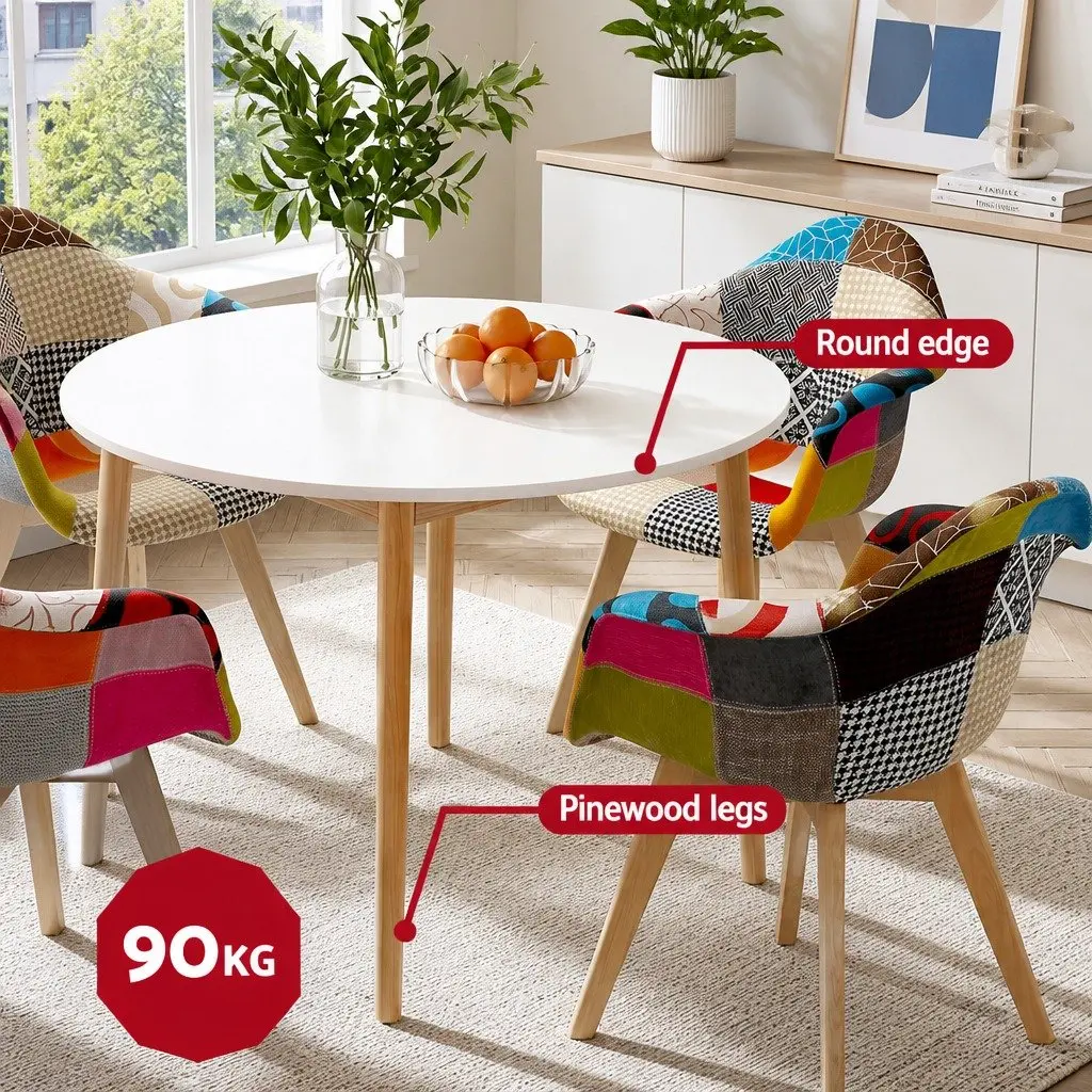 Dining Set Round White MDF Table Pine Legs 4 Mid Century Chairs Linen Upholstered