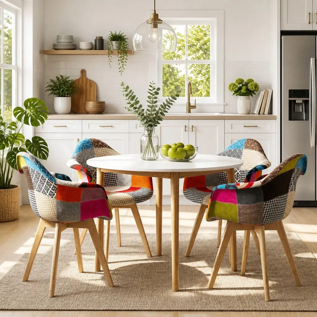Dining Set Round White MDF Table Pine Legs 4 Mid Century Chairs Linen Upholstered