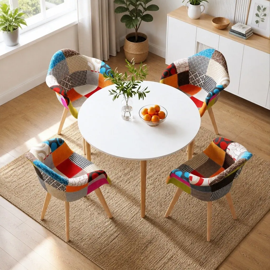 Dining Set Round White MDF Table Pine Legs 4 Mid Century Chairs Linen Upholstered