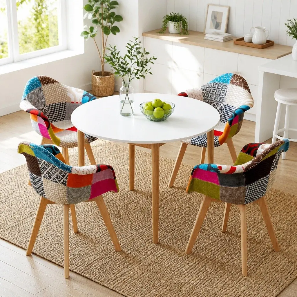 Dining Set Round White MDF Table Pine Legs 4 Mid Century Chairs Linen Upholstered