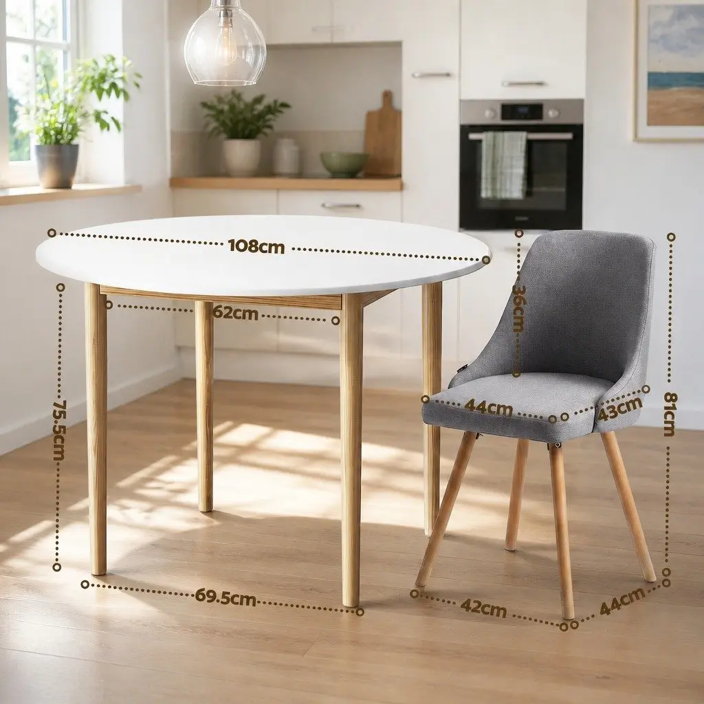 Round Dining Table and Chairs Set 5 Piece Compact Kitchen Furniture White Grey Wood