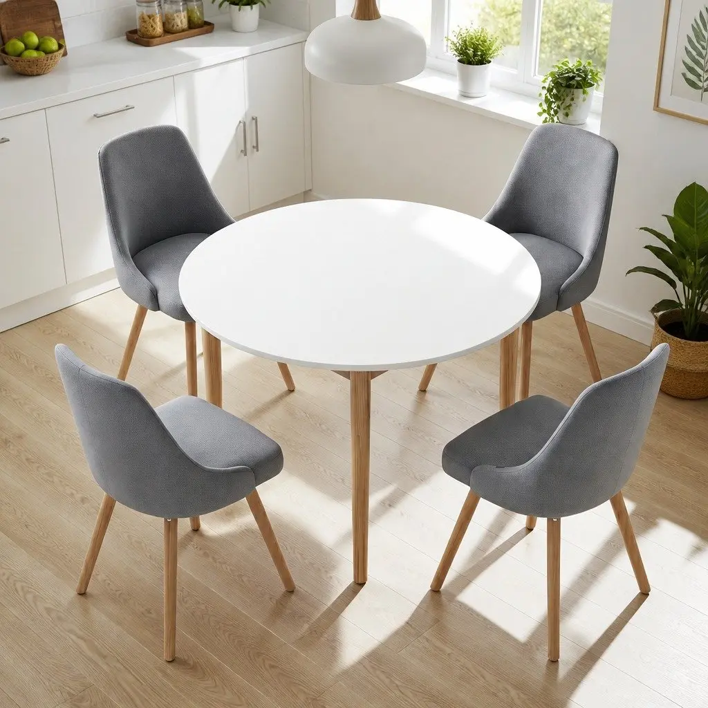Round Dining Table and Chairs Set 5 Piece Compact Kitchen Furniture White Grey Wood