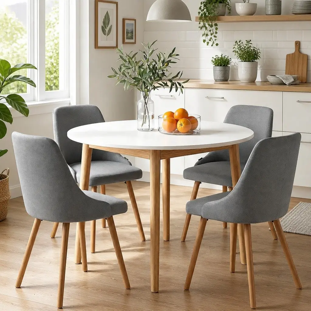 Round Dining Table and Chairs Set 5 Piece Compact Kitchen Furniture White Grey Wood