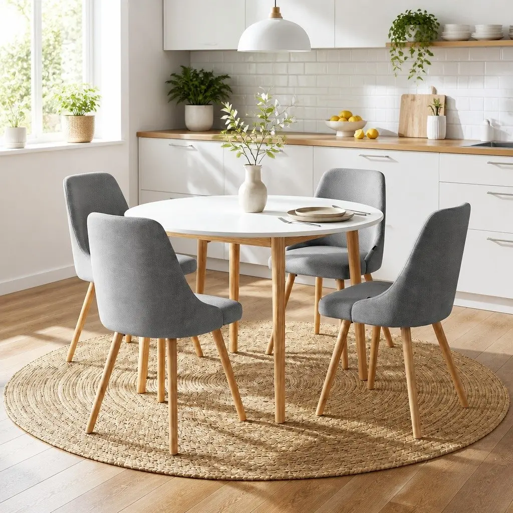Round Dining Table and Chairs Set 5 Piece Compact Kitchen Furniture White Grey Wood